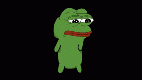 a green frog with a sad look on his face is standing on a black background