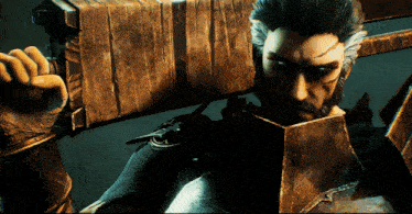 a man with a beard is holding a large sword in his hand