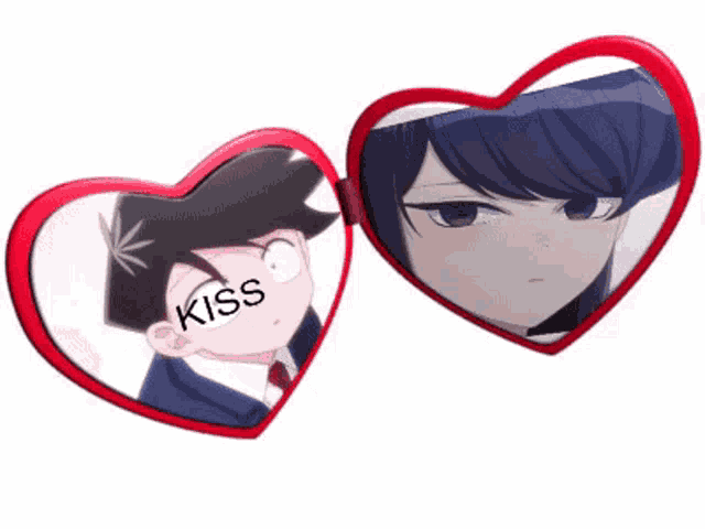 a heart shaped mirror with a picture of a boy and a girl and the word kiss on the bottom