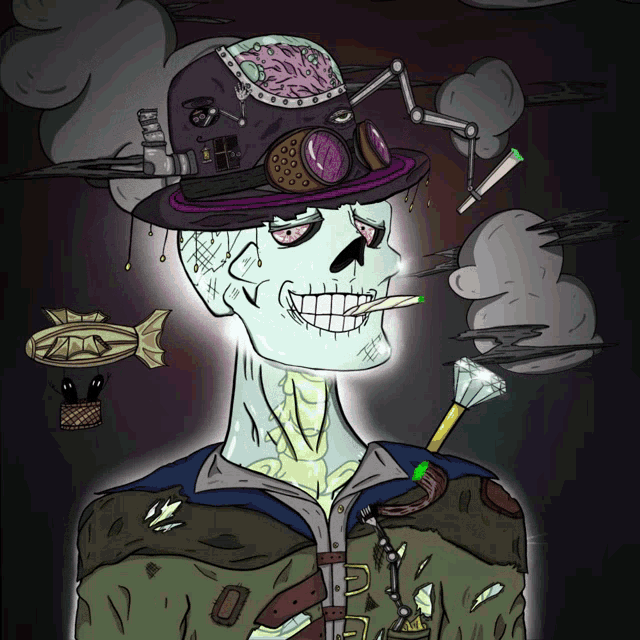 a cartoon drawing of a skeleton wearing a top hat