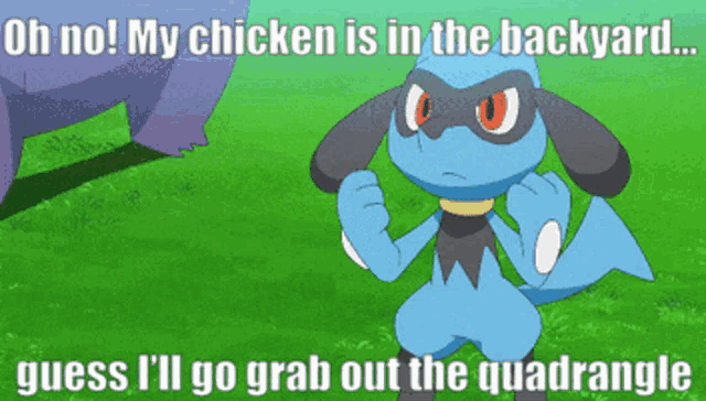 a picture of a pokemon with the caption oh no my chicken is in the backyard guess i 'll go grab out the quadrangles
