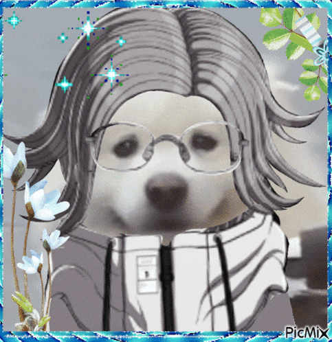 a picture of a dog wearing glasses and a hoodie with flowers in the background