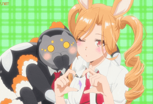 a girl with bunny ears kisses a stuffed animal with a green background that says ' jet ' on it
