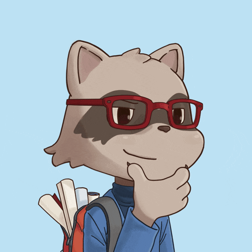a raccoon wearing red glasses and a backpack