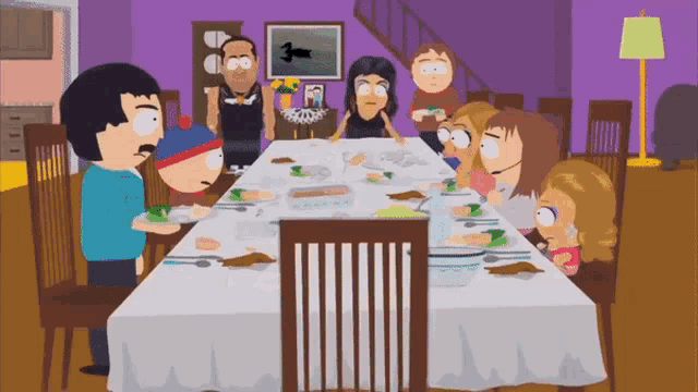 a cartoon of a family sitting around a table with a sign that says 3 on it