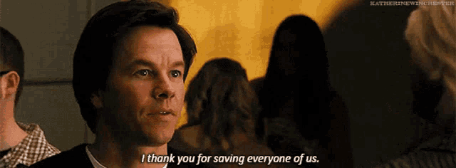 a man says " i thank you for saving everyone of us " in front of a crowd