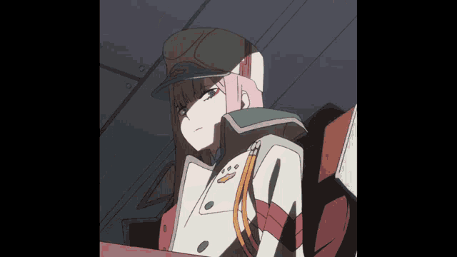 a pink haired anime girl wearing a hat and a jacket