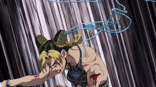 a cartoon drawing of a girl with horns and a blue rope around her neck