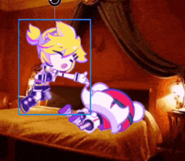 a cartoon character is standing next to a bed in a room .