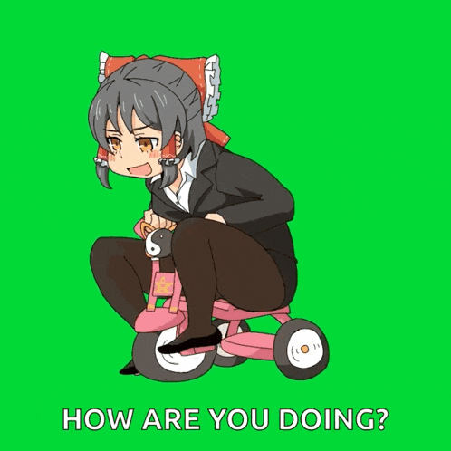 a girl is riding a pink tricycle with the words how are you doing written below her