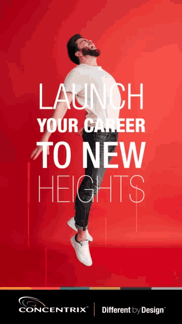 a man is jumping in the air with the words launch your career to new heights on the bottom