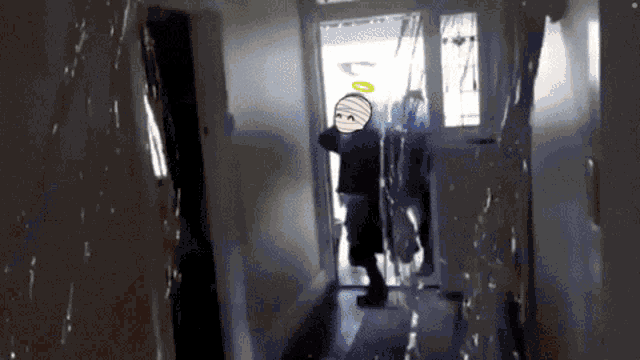 a cartoon of a man with a bandaged head and an angel 's halo standing in a hallway