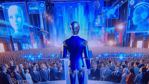 a robot stands at a podium in front of a crowd with vt.com on the bottom right