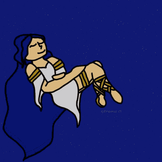 a cartoon drawing of a woman floating in the air with a blue background