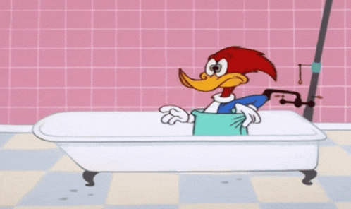 a cartoon character is standing in front of a community washroom