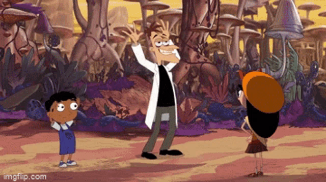 a group of cartoon characters are standing in a field of mushrooms