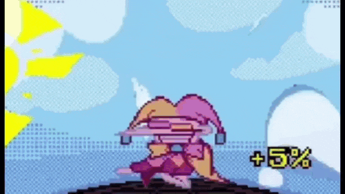 a pixel art drawing of a cartoon character with a 5 % increase in power .