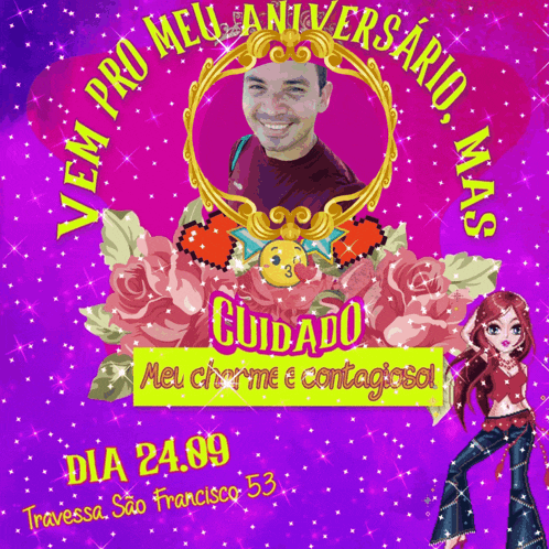 a purple background with a picture of a man in a frame and the words pro meu aniversario nas