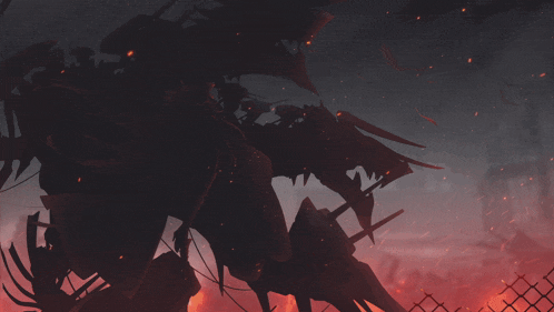a silhouette of a monster is surrounded by flames