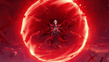 a video game character is surrounded by a red sphere of fire .