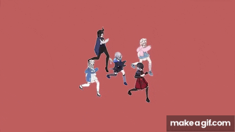 a group of anime characters are dancing together on make a gif.com .