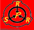 a red background with a black circle with the letters r s and r inside of it