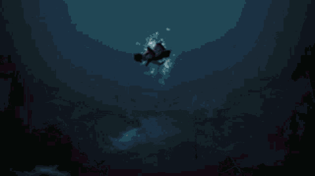 a person is swimming in the water with a sword in their hand .