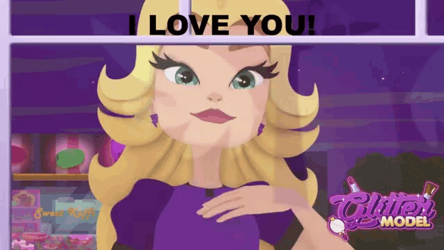 a cartoon girl says i love you in front of a store window