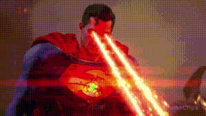 a close up of a man in a superman suit shooting lasers from his eyes .