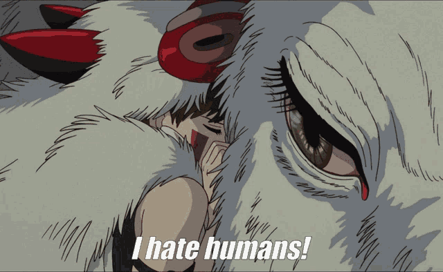 a cartoon of a girl hugging a wolf with the words " i hate humans " below her
