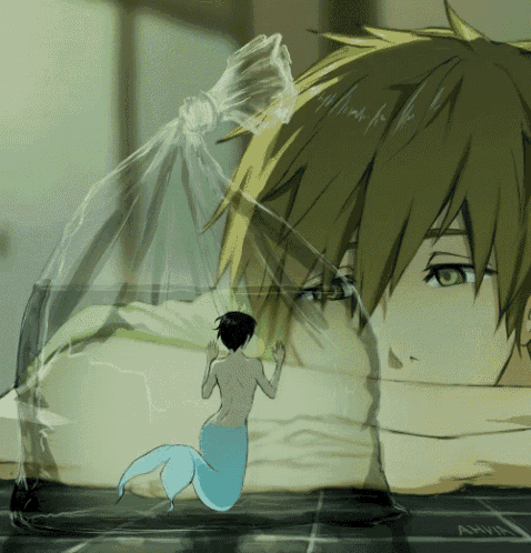 a drawing of a man with a mermaid in a glass container