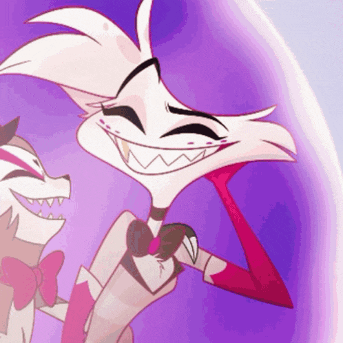 a cartoon character with a purple background is smiling and holding a dog