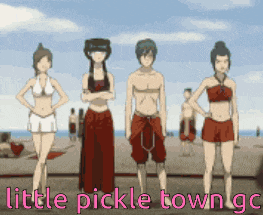 a group of people standing on a beach with the words little pickle town