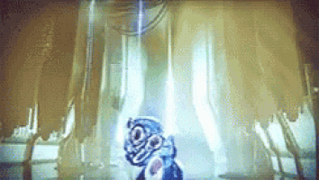 a cartoon character is standing in front of a window with a curtain behind him .