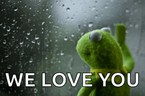 a kermit the frog looking out a window with the words we love you written below him