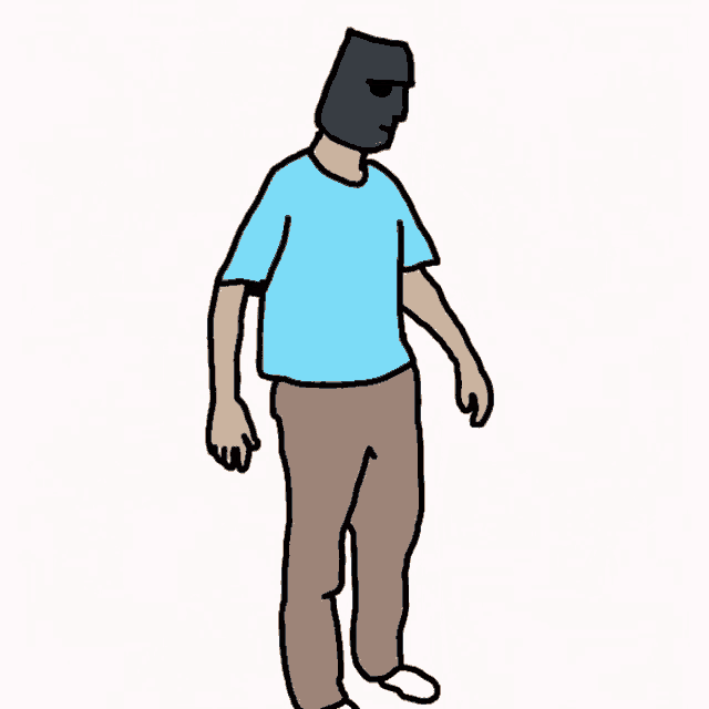 a drawing of a man wearing a blue shirt and brown pants with a bucket on his head