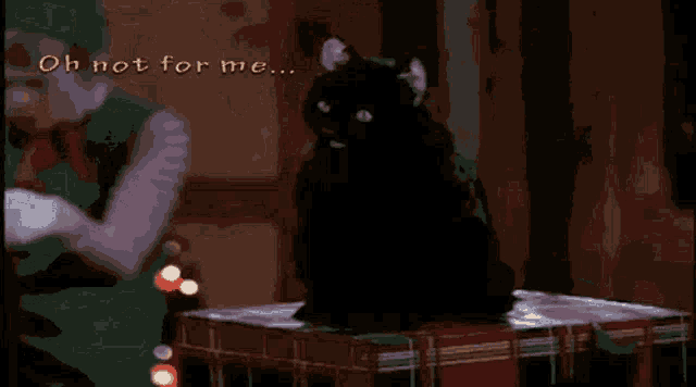 a black cat is sitting on a table with the words we 'll call him salem