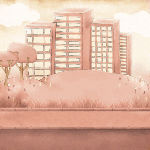 a drawing of a city with trees and buildings in the background