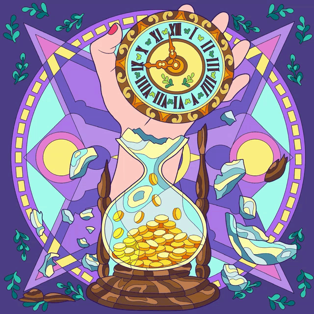 a cartoon illustration of a hand holding a clock with roman numerals on it