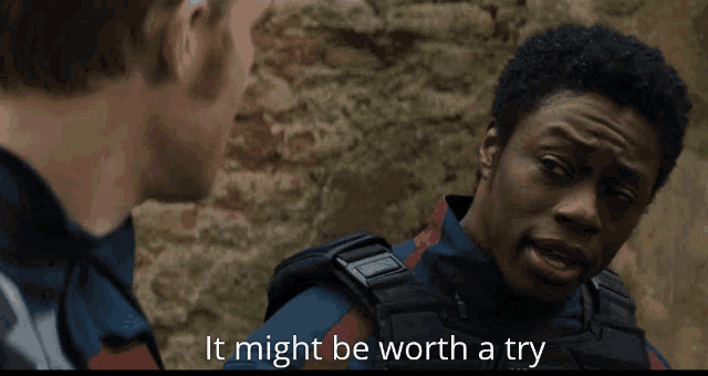 a man talking to another man with the words " it might be worth a try " below him
