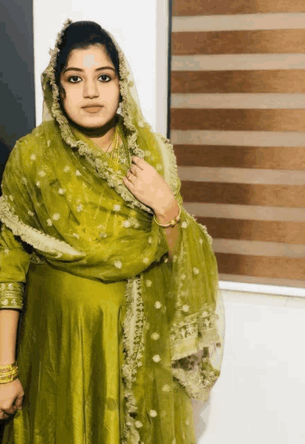a woman in a green dress is standing in front of a blind