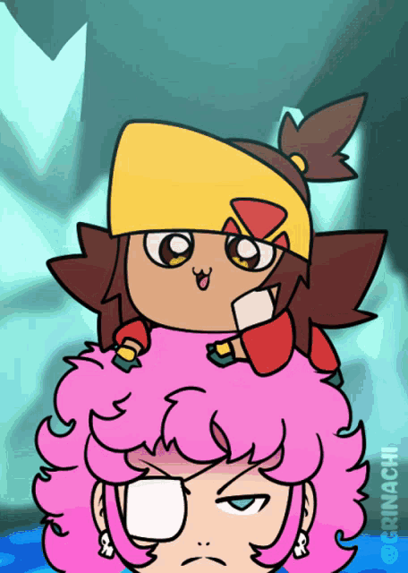 a cartoon drawing of a girl with pink hair and a boy with a yellow hat