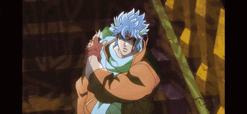 a cartoon character with blue hair is standing in front of a wall