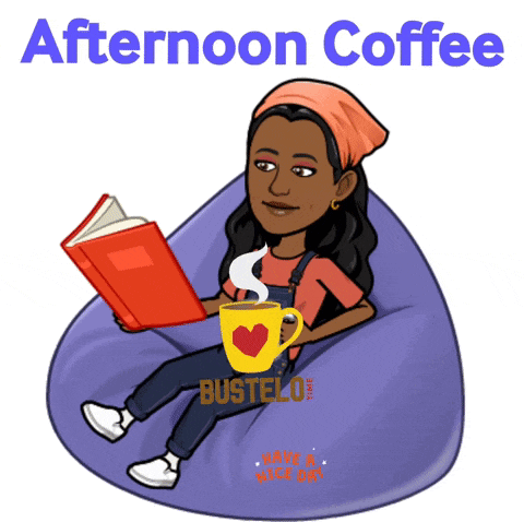 a cartoon of a woman reading a book and holding a cup of coffee