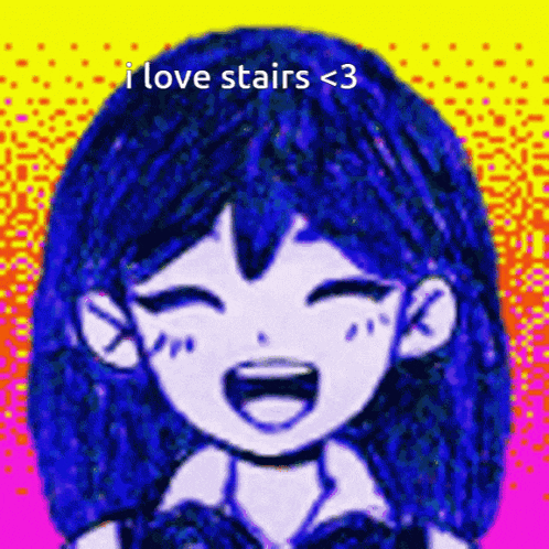 a drawing of a girl with blue hair and the words i love stairs < 3 on the bottom