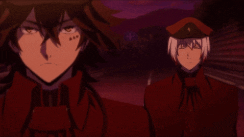two anime characters standing next to each other with one wearing a red uniform