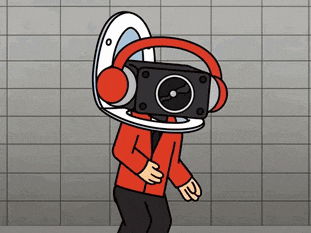a cartoon of a man wearing headphones and a radio on his head