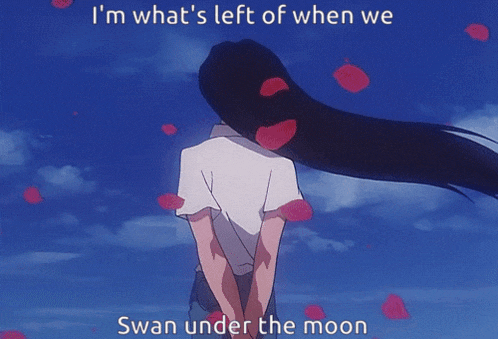 a girl with long hair is standing in front of a blue sky with petals falling from the clouds