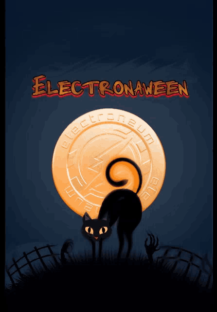 an electronicaween poster with a black cat and a coin