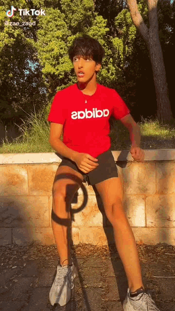 a young man wearing a red t-shirt that says ebbibo